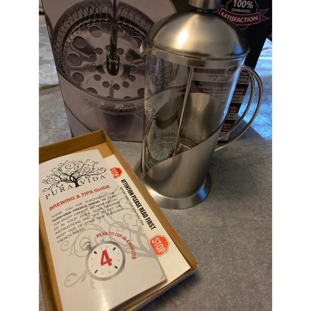 Pura Vida Deluxe French Press Coffee Set 32oz Carafe 2 Mugs Stainless‎ Steel NEW